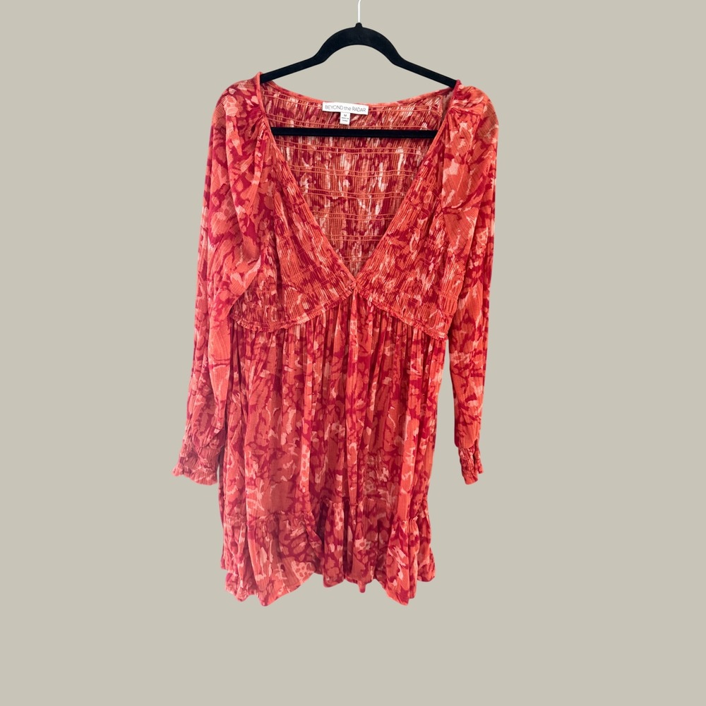 Beyond the Radar Womens Red Pink Abstract Floral Smocked V-Neck Mini Dress M